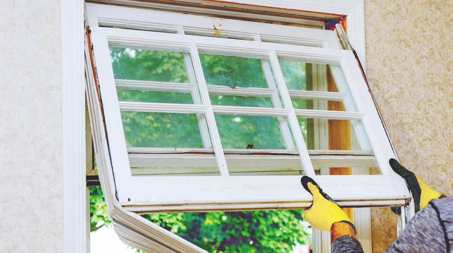 A window being fit into place. The person holding the window is wearing yellow gloves. The background is green, leafy trees.