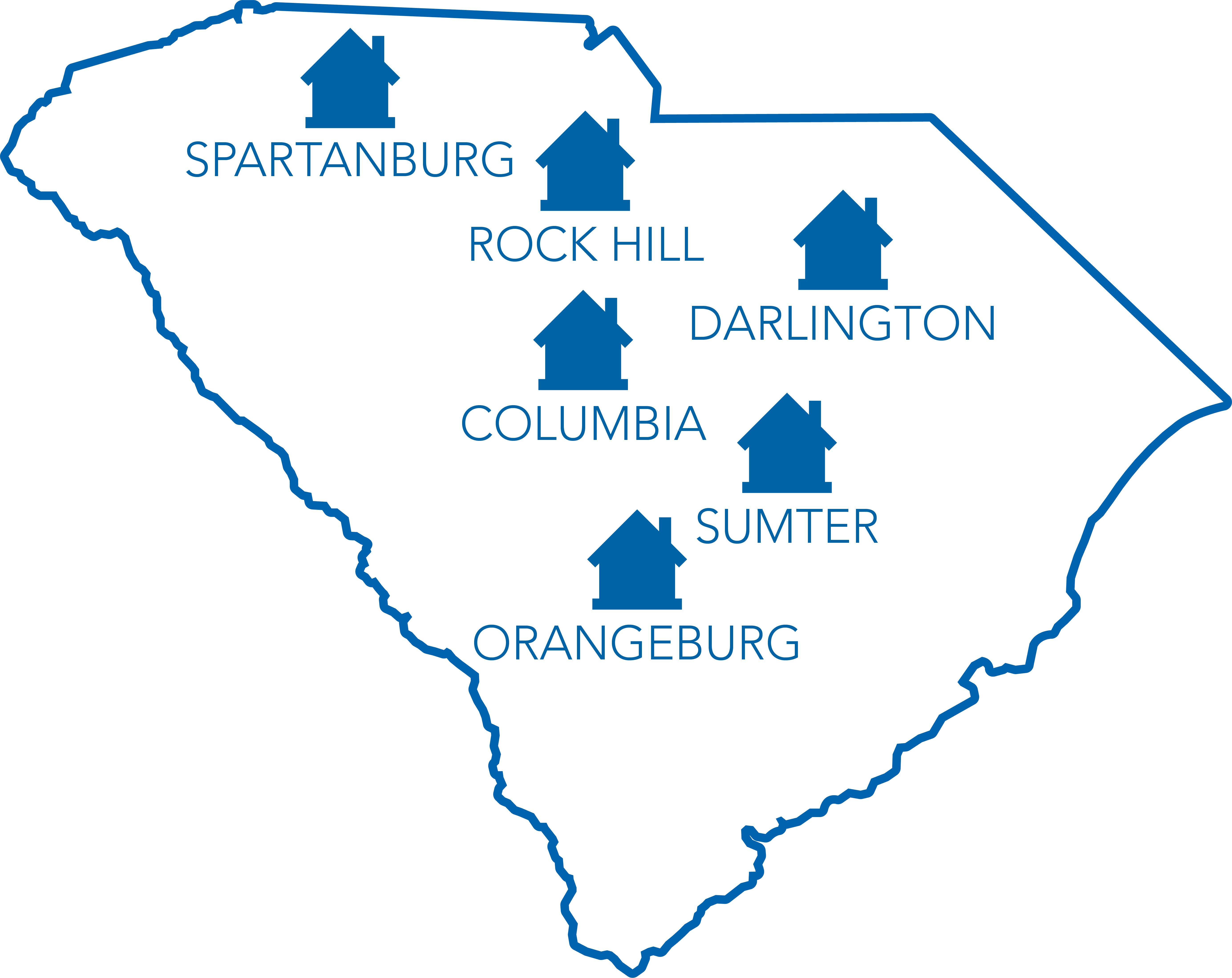 State of South Carolina with house icons over the locations of the Made It Home! Program sites in Spartanburg, Rock Hill, Darlington, Columbia, Sumter and Orangeburg.
