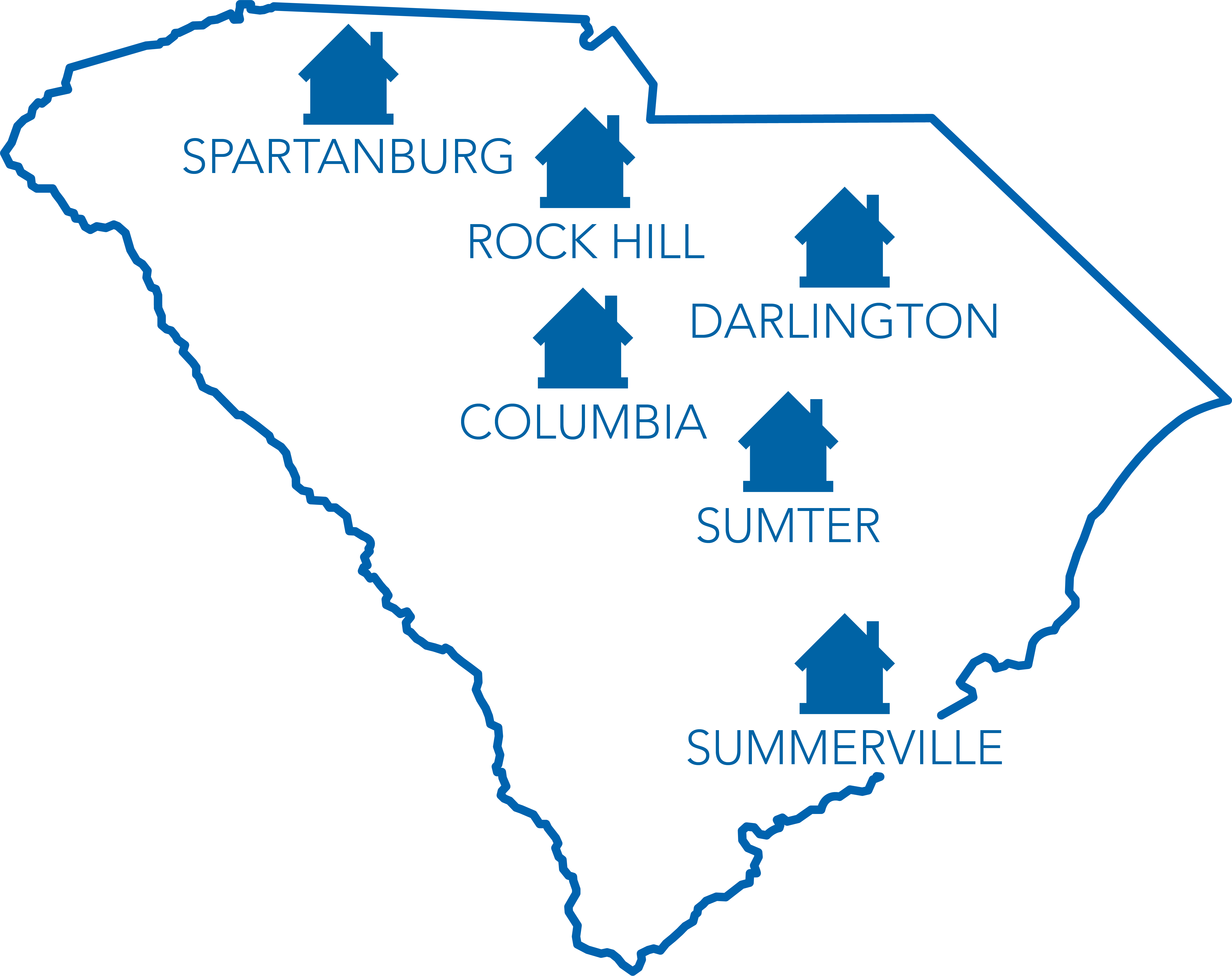 Map of SC with homes over the locations of the Made It Home properties.